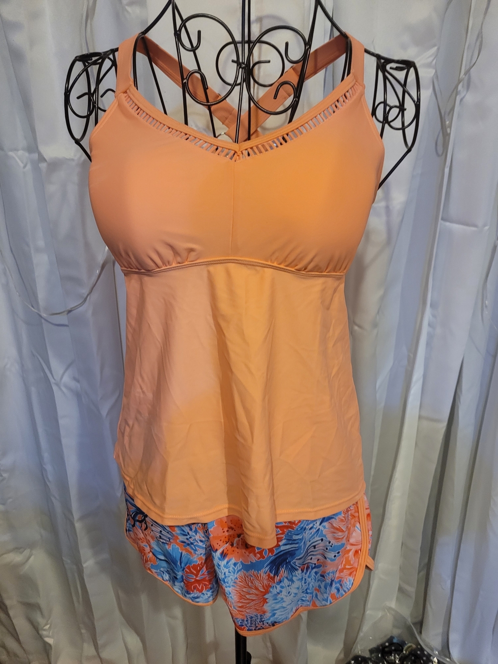 Amazon Peach Tankini Top with Floral Boardshorts